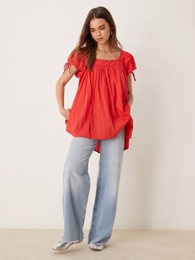 Free People Smocked Red Peasant Mini Dress or Blouse